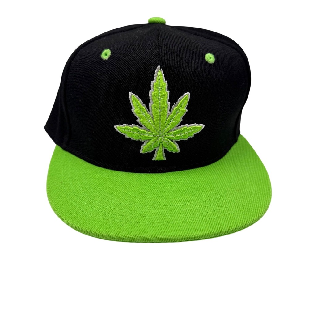 Snapback Hat Black Lime Green Leaf Embroidered Flat Brim Adjustable Cap
